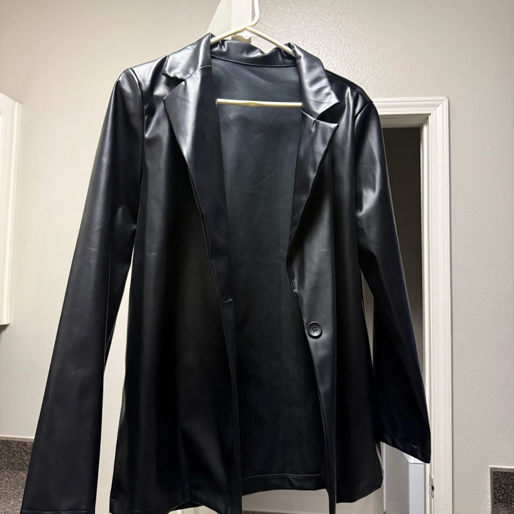 Black Faux Leather Blazer Jacket - Women